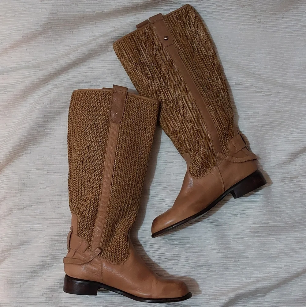 Anthropologie Tan/brown Leather Woven Over the Knee Riding Boots Size 6